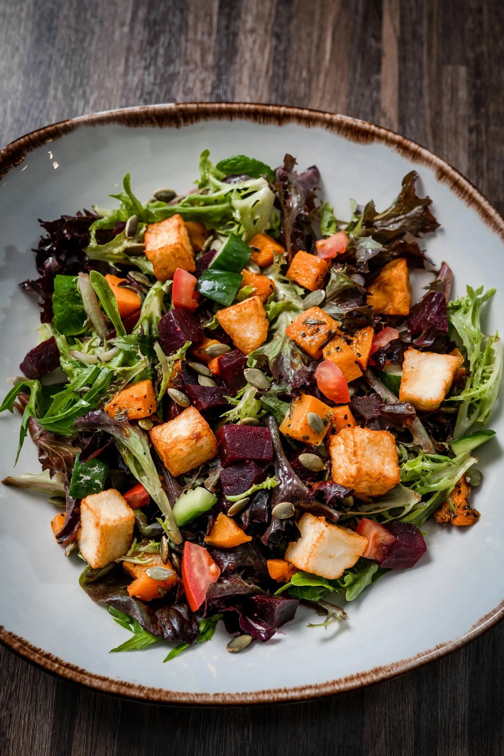 Roast pumpkin, beetroot and haloumi salad